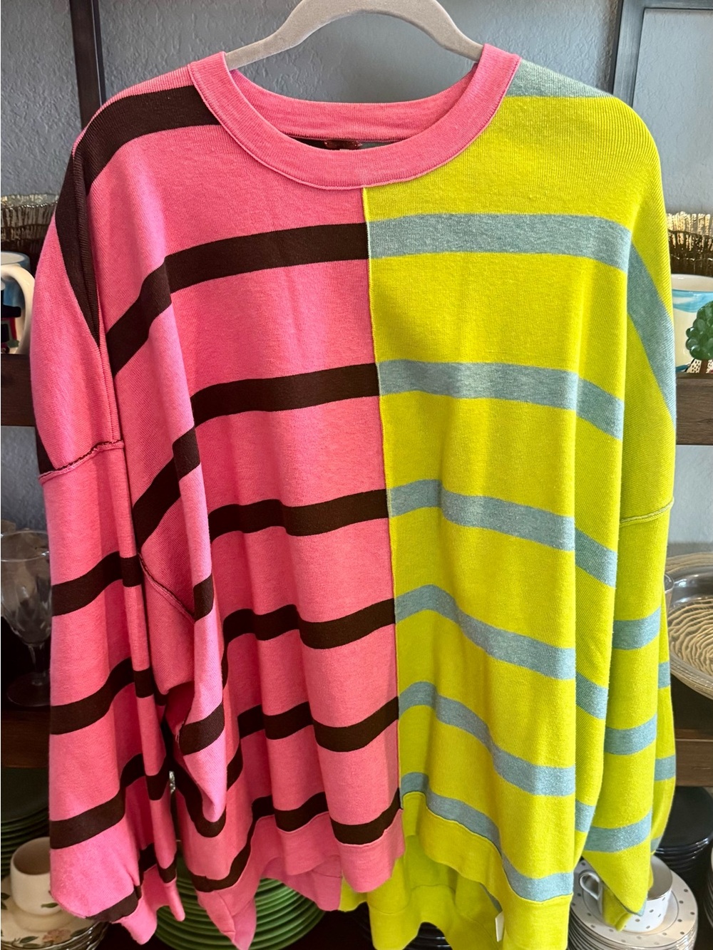Free People Uptown Pullover Pink & Yellow Colorblock Stripe Crew Sweater